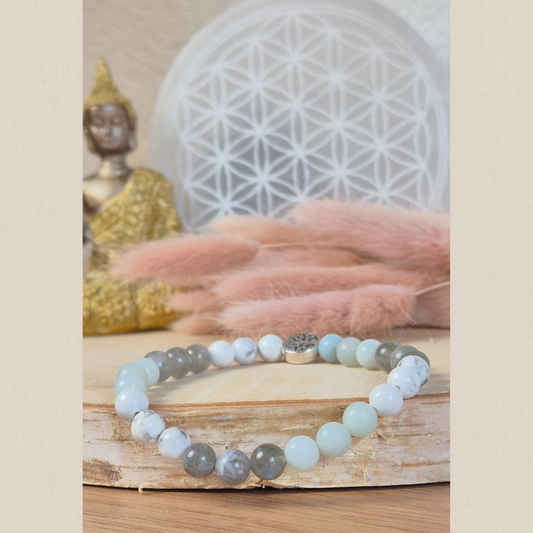Bracelet Anti-Anxiété en pierres naturelles Howlite, Labradorite et Amazonite. Fait main Nayeli pour apaiser les angoisses et retrouver l’équilibre émotionnel.