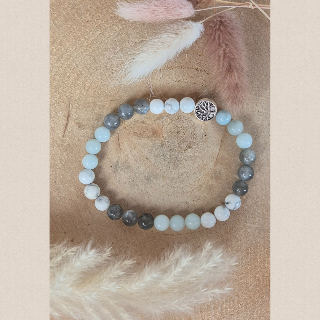 Bracelet Anti-Anxiété en pierres naturelles Howlite, Labradorite et Amazonite. Fait main Nayeli pour apaiser les angoisses et retrouver l’équilibre émotionnel.