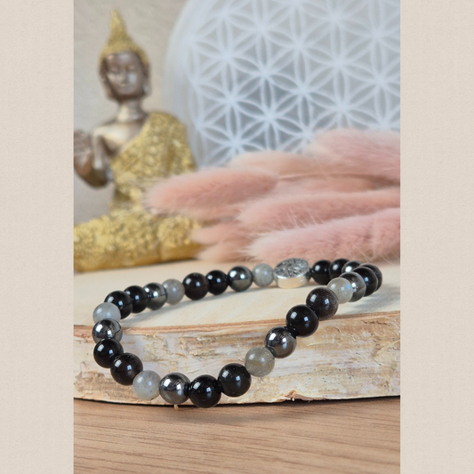 Bracelet Bouclier Énergétique en pierres naturelles Hématite, Labradorite, Obsidienne et Tourmaline noire. Fait main Nayeli pour se protéger des énergies négatives.