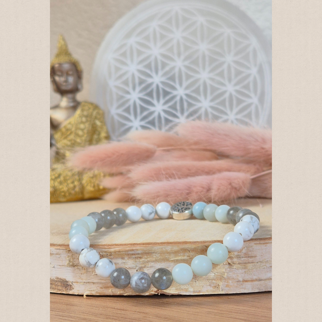 Bracelet Anti-Anxiété en pierres naturelles Howlite, Labradorite et Amazonite. Fait main Nayeli pour apaiser les angoisses et retrouver l’équilibre émotionnel.