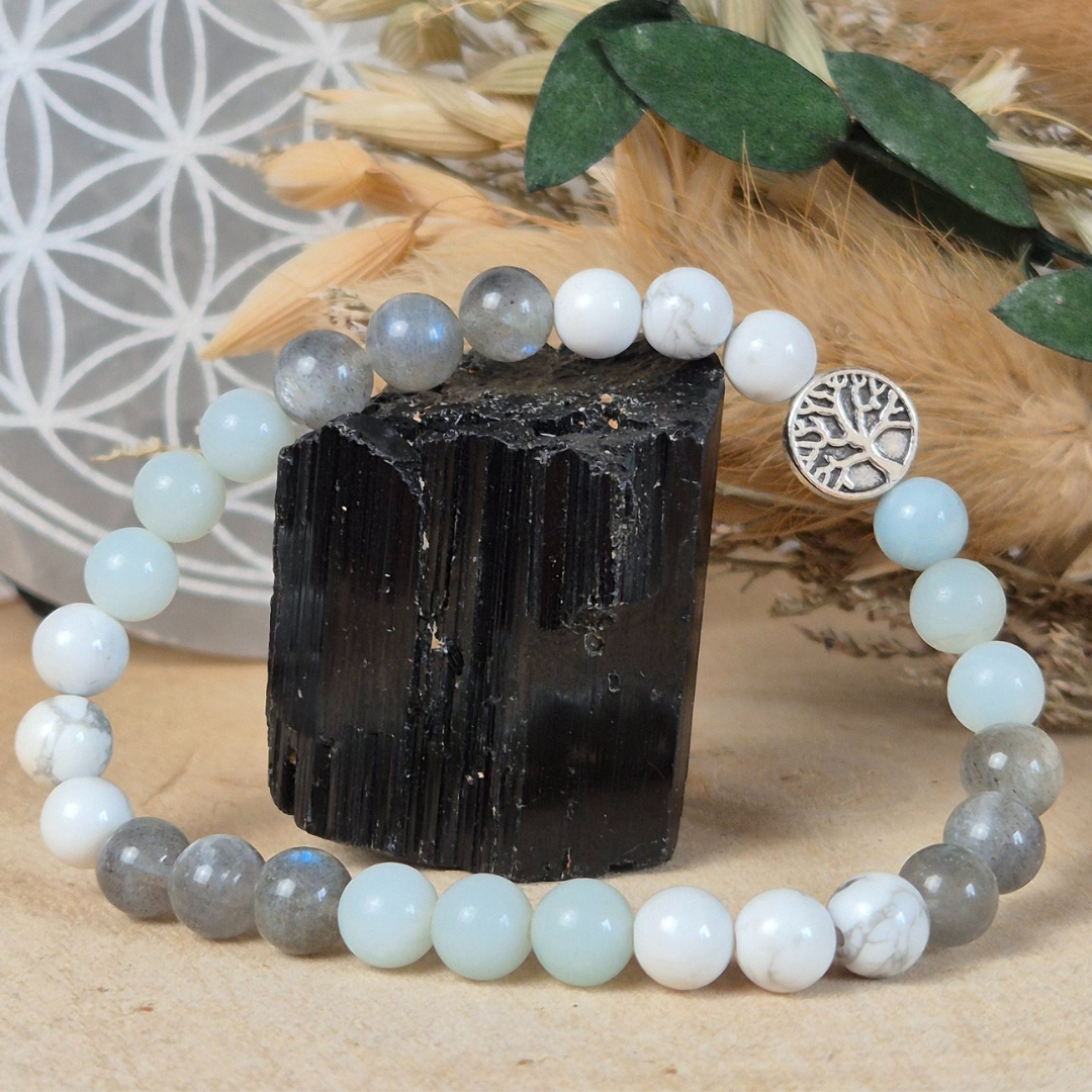 Bracelet Anti-Anxiété en pierres naturelles Howlite, Labradorite et Amazonite. Fait main Nayeli pour apaiser les angoisses et retrouver l’équilibre émotionnel.