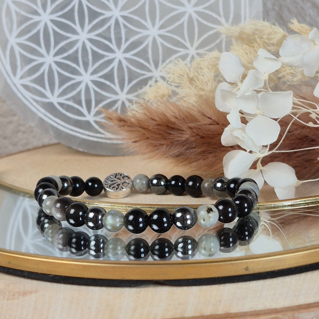 Bracelet Bouclier Énergétique en pierres naturelles Hématite, Labradorite, Obsidienne et Tourmaline noire. Fait main Nayeli pour se protéger des énergies négatives.