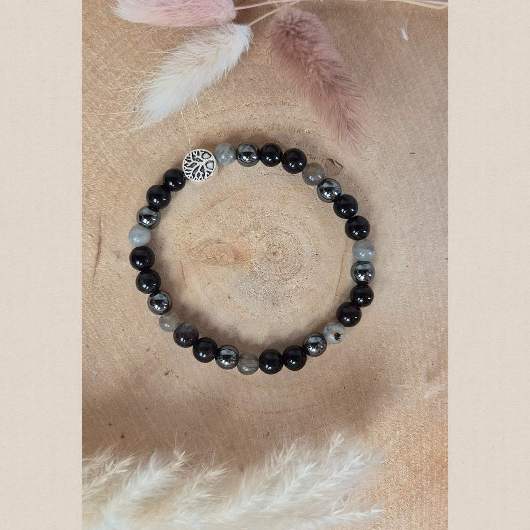 Bracelet Bouclier Énergétique en pierres naturelles Hématite, Labradorite, Obsidienne et Tourmaline noire. Fait main Nayeli pour se protéger des énergies négatives.