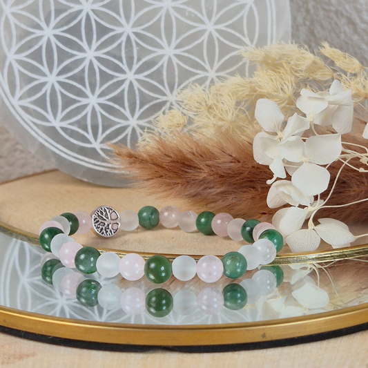 Bracelet Clarté du cœur en pierres naturelles Quartz rose, Cristal de roche et Jade verte. Bijou Nayeli fait main pour apaiser les blessures émotionnelles et trouver l’harmonie