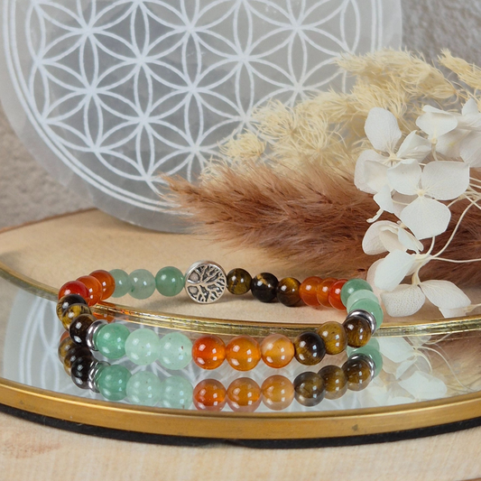 Bracelet Confiance en soi en pierres naturelles Œil de tigre, Cornaline et Aventurine verte. Bijou Nayeli fait main pour dépasser les doutes et s’affirmer.