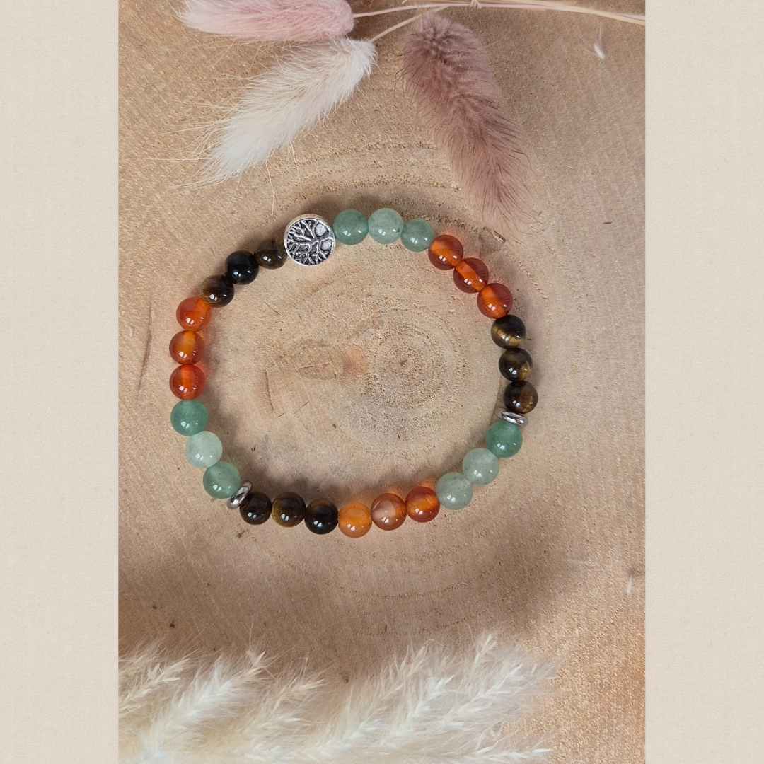 Bracelet Confiance en soi en pierres naturelles Œil de tigre, Cornaline et Aventurine verte. Bijou Nayeli fait main pour dépasser les doutes et s’affirmer.