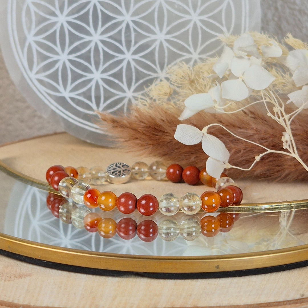 Bracelet Énergie Vitale en pierres naturelles Citrine, Cornaline et Jaspe rouge. Fait main Nayeli pour retrouver force et motivation.
