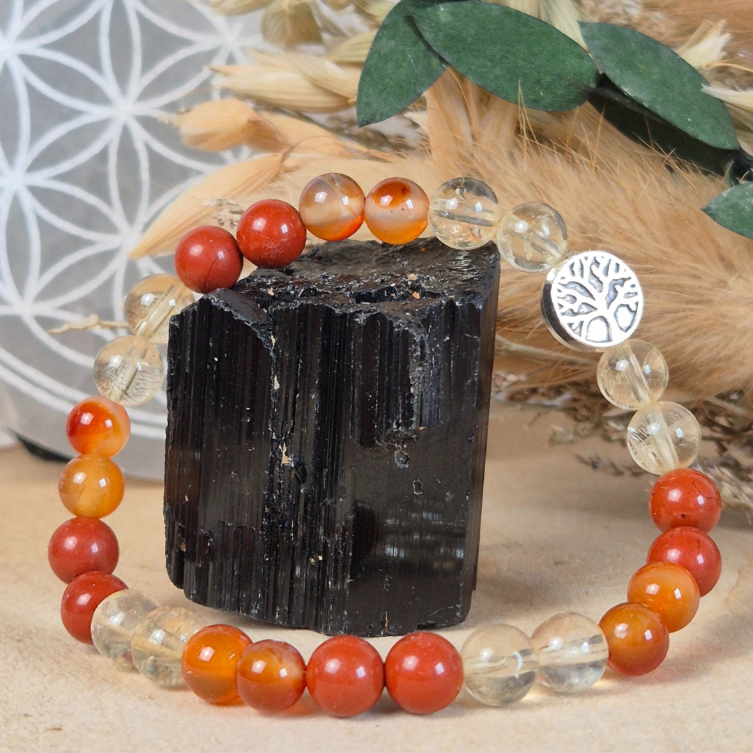 Bracelet Énergie Vitale en pierres naturelles Citrine, Cornaline et Jaspe rouge. Fait main Nayeli pour retrouver force et motivation.